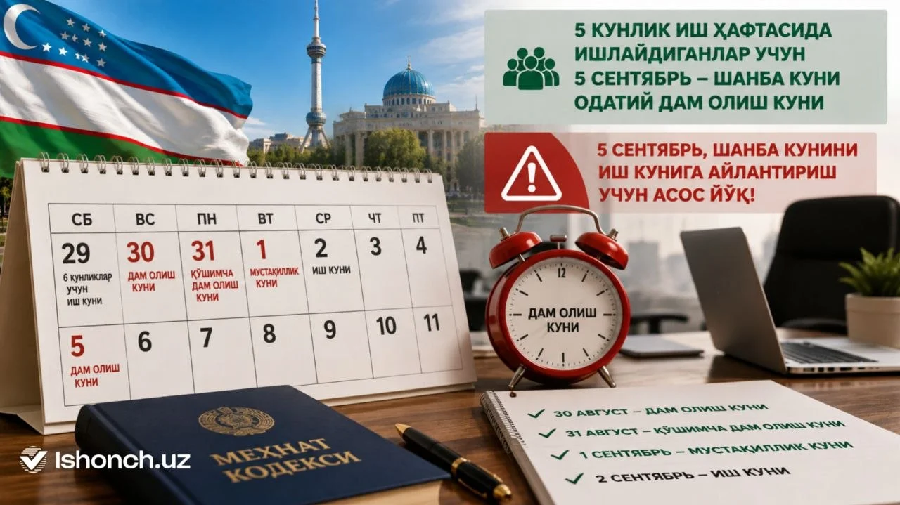 5 кунлик иш ҳафтасида ишлайдиганлар 5 сентябрь куни ишламайди